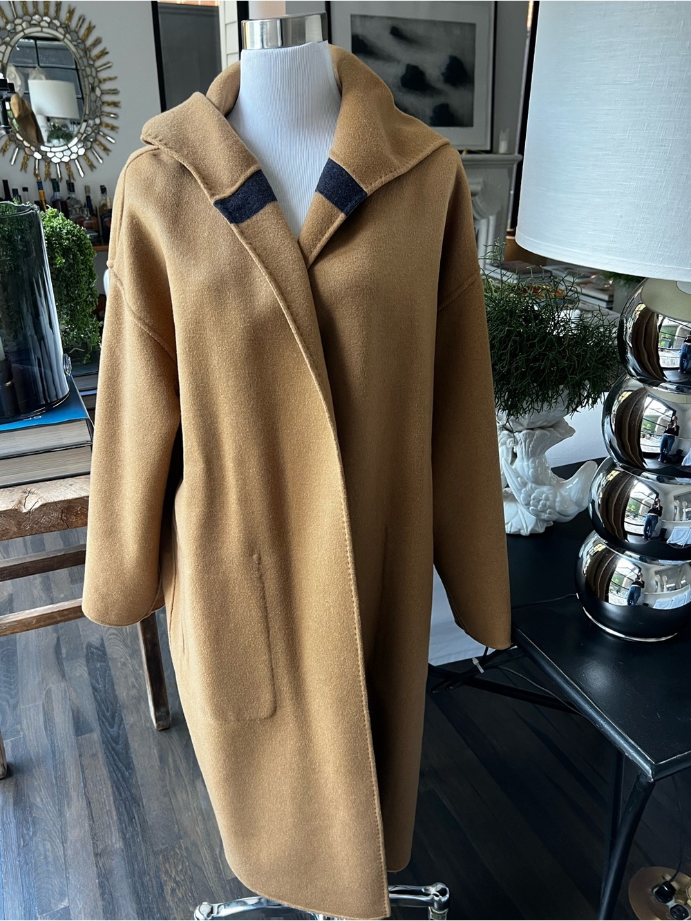 La Ligne Camel and Dark Navy  Striped Hooded Belted Wrap Coat Reversible  size S - Picture 7 of 11